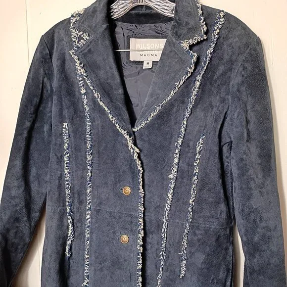 VTG Wilsons Leather Maxima Navy Blue Fringe Trench Coat Womens Medium Y2K 90s - Picture 3 of 7